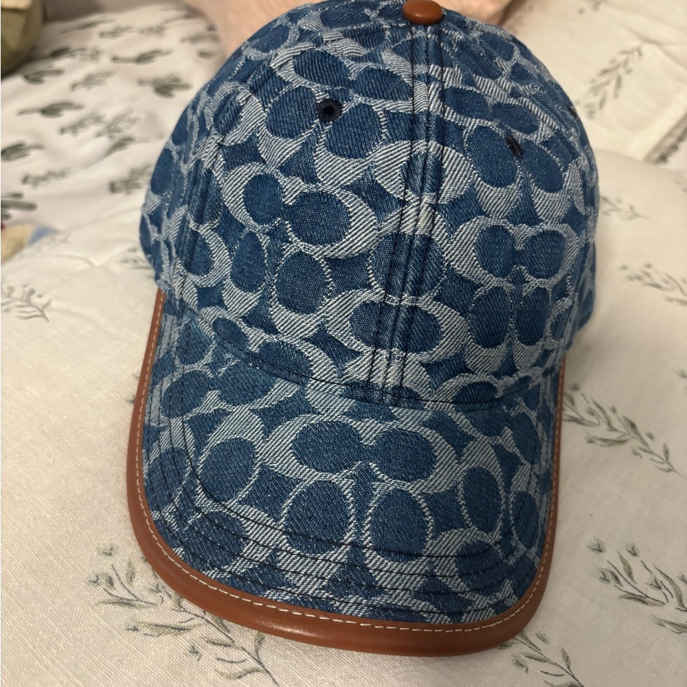 Coach Blue Patterned Denim Cap with Brown Trim